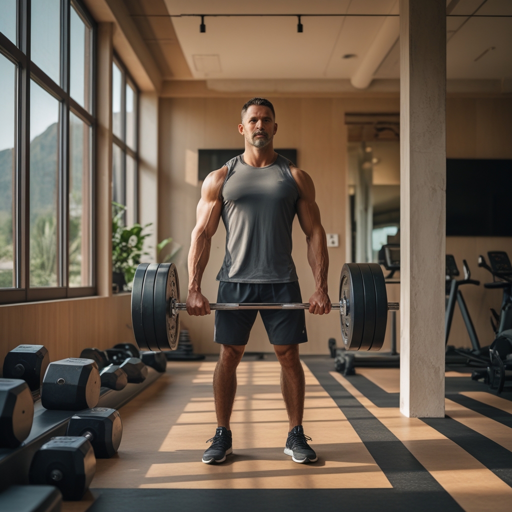 Pria berusia 40-an sedang melakukan latihan kekuatan dengan dumbbell di gym yang bersih dan modern, posisi berdiri tegak, fokus dan tenang, pencahayaan terang